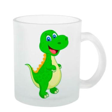 Imagem de Caneca Vidro Jateada Dinossauro tio rex desenho feliz verde amarelo