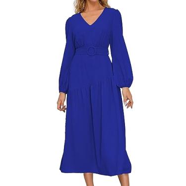 Imagem de UIFLQXX Vestido maxi feminino plus size, outono/inverno, decote em V, liso, com cadarço, vestido slim fit, vestido casual, Azul, G