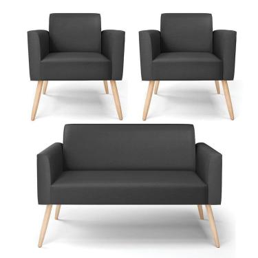 Imagem de Sofá Namoradeira Com 2 Poltronas Pés Palito Natural Marisa Corino D03 - D\`rossi Cor Preto