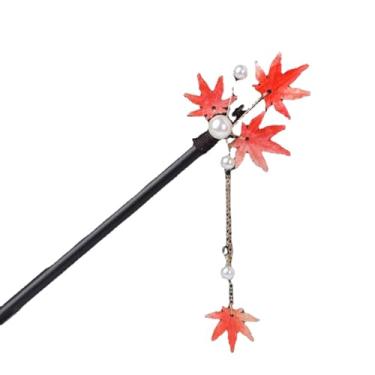 Imagem de Grampo de cabelo estilo antigo folha de bordo flor borla grampo de cabelo de madeira Hanfu Headpiece