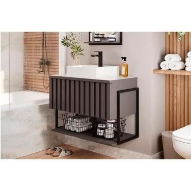 Imagem de Bancada De Banheiro Suspenso Frisê Havaí Ripado 1pta C-cuba E Tampo Vidro 80 Cm Titanium Mgm