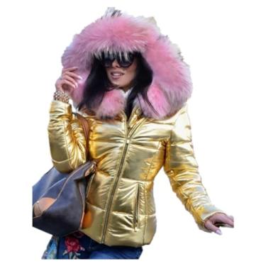 Imagem de CUOREZ Jaqueta feminina outono inverno, jaqueta de plumas, roupas femininas com capuz curto, jaqueta grande, Dourado, XXG