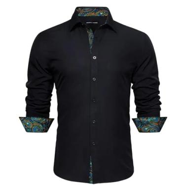 Imagem de Camisas masculinas de seda manga longa azul-petróleo sólido patch Paisley Slim blusa masculina Casaul lapela tops primavera outono, 0353, PP