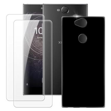 Imagem de MILEGOO Capa para Sony Xperia XA2 Plus + 2 peças protetoras de tela de vidro temperado, capa ultrafina de silicone TPU macio à prova de choque para Sony Xperia XA2 Plus (6 polegadas) preta