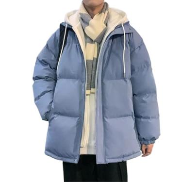 Imagem de Aoleaky Harajuku Jaquetas masculinas casuais soltas grossas quentes parkas inverno sólido casaco com capuz casaco coreano streetwear, Azul, G