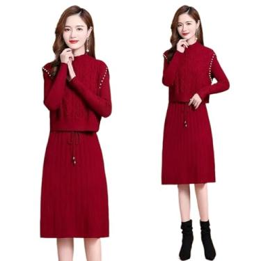 Imagem de Vestido de malha quente outono inverno roupas femininas vintage bordado malha canelada colete e vestidos de baixo, Vinho tinto, X-Small