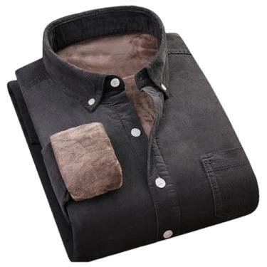 Imagem de Camisa masculina de lã grossa de algodão de veludo cotelê quente de inverno masculina com botões macios streetwear camisa masculina, Cinza, 3G