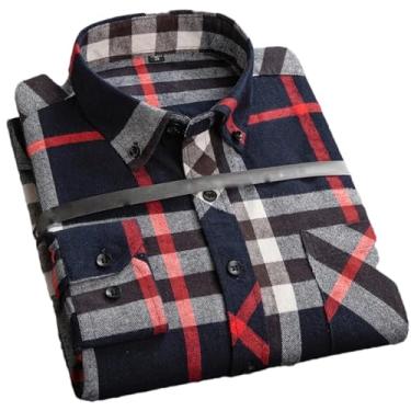 Imagem de Camisa social masculina plus size para lazer masculina algodão lixado flanela quente casual manga longa gola xadrez, Algodão 155, M