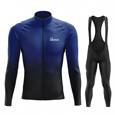 Imagem de Conjunto de camisa de ciclismo quente masculino de inverno térmico de lã para bicicleta ao ar livre manga longa 3D acolchoado babador calças para corrida, azul, 3
