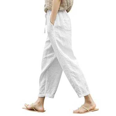 Imagem de Calça feminina de linho de verão com bolso solto, cintura elástica, perna larga, retrô, literária, lisa, calça feminina de verão, Branco, 3G