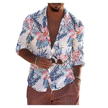 Imagem de Camisetas masculinas de manga comprida com estampa floral e lapela com botões suaves e agradáveis à pele, Cor 1, P