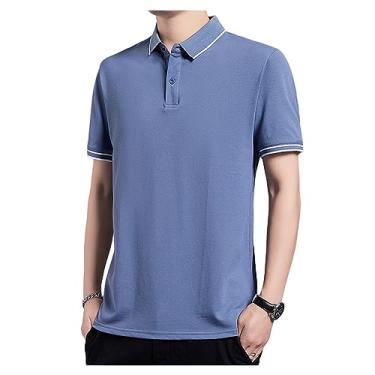 Imagem de Camisa polo masculina de seda gelo de lapela sólida com botão para treino camiseta atlética secagem rápida curta, Azul-escuro, 3G