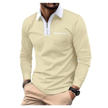 Imagem de Camisa polo masculina combinando com bolso frontal, gola alta, pulôver com meio zíper, Amarelo, G