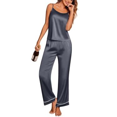 Imagem de Ekouaer Pijama feminino de cetim sem mangas, conjunto de pijama macio e calça com bolsos P-2GG, Cinza escuro, G