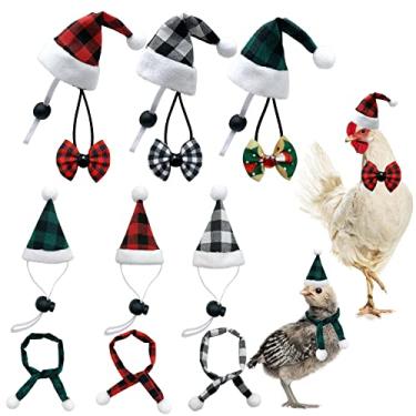 Imagem de CooShou Conjunto de 12 peças de chapéu de galinha para animais de estimação de Natal, conjunto de gravata borboleta, mini chapéu xadrez de Papai Noel, cachecol de Natal pequeno, vermelho, verde,