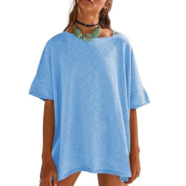 Imagem de Tankaneo Camisetas femininas grandes casuais verão gola redonda solta manga curta fenda lateral blusa blusa tops, Azul, XG