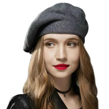 Imagem de Sumolux Boina feminina de lã francesa gorro clássico cor sólida outono inverno chapéus, Cinza escuro, Tamanho Único