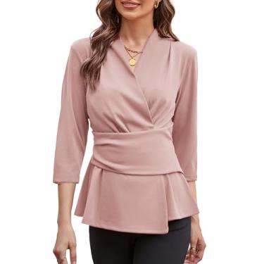 Imagem de GRACE KARIN Blusa feminina peplum 2024 elegante com decote em V e manga 3/4, blusa de trabalho lisa, gravata na cintura, camisas casuais de negócios, rosa, XXG