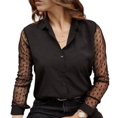 Imagem de Camisa feminina preta e branca de malha com botão e manga de renda de bolinhas preta manga longa transparente, Preto, PP