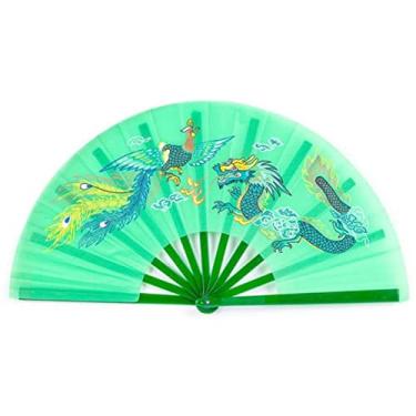 Imagem de YQHWLKJ Ventilador de mão dobrável Tai Chi artes marciais dragão fênix plástico ventilador dobrável portátil festa de casamento professores presente