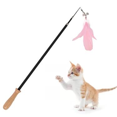 Imagem de Brinquedo interativo de penas de gato com sino para gatinho | Varinha retrátil para provocação de gatos para diversão máxima (Rosa)