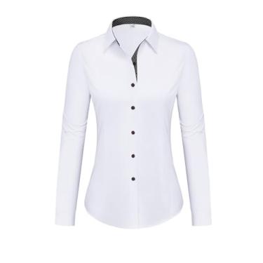 Imagem de siliteelon Camisas femininas com botões de algodão e manga comprida para mulheres, sem rugas, blusa de trabalho elástica, Branco, 3G