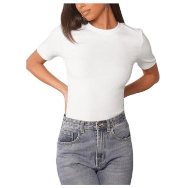 Imagem de RoseSeek Camiseta feminina de manga curta de malha canelada casual gola redonda slim fit camisetas básicas de verão, Branco, G