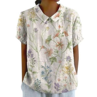 Imagem de PKDong Camisas de linho femininas gola Peter Pan blusa manga curta botão abertura nas costas camiseta casual tops verão, Branco, 5G