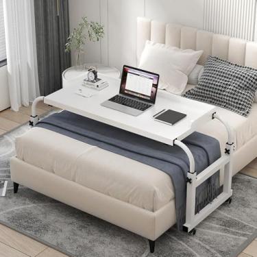 Imagem de Mesa sobreposta para quarto sobre cama com rodas, 65-95 cm de altura ajustável, mesa de computador multiuso, bandeja de comida ajustável de 120-210 cm de comprimento, branca