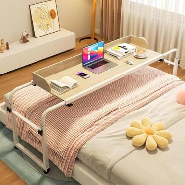 Imagem de Mesa com rodas Mesa de computador ajustável em altura Estação de trabalho em pé Bandeja de alimentos Mesa médica rolante com defletor para estrutura de cama dupla/completa/queen/king size, m