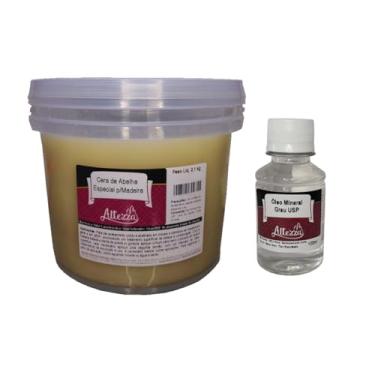 Imagem de Kit Cera Para Madeira de Abelha 2,1Kg + Óleo Mineral Grau USP 100ml Para Tábua de Carne, Tábua de Corte, Madeiras em Geral, Móveis, Gamelas, Utensílios de Madeira, Atóxico, Brilho e Proteção - Altezza