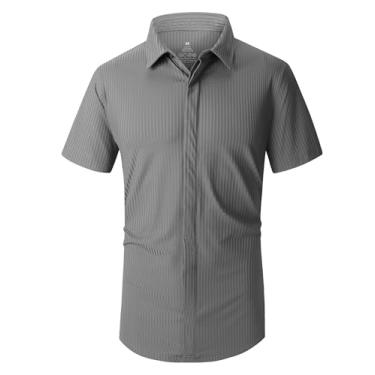 Imagem de Alex Vando Camisa social masculina de nylon com elasticidade de 8 direções, sem rugas, absorção de umidade, malha canelada para homens, Cinza, G