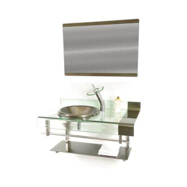 Imagem de Gabinete de vidro para banheiro inox 90cm curvado duplo com torneira c