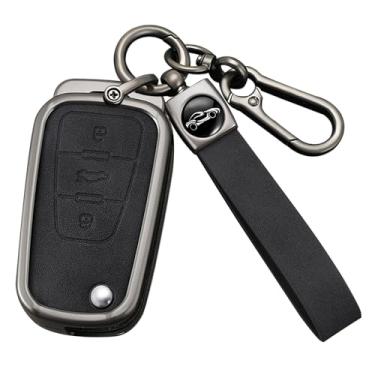 Imagem de HIBEYO Capa de chaveiro compatível com Roewe MG5 MG7 MG GT GS 350 360 750 W5 Acessórios de couro e liga de zinco compatíveis com MG5 Smart Remote Key Case Holder Cover-A Type Black