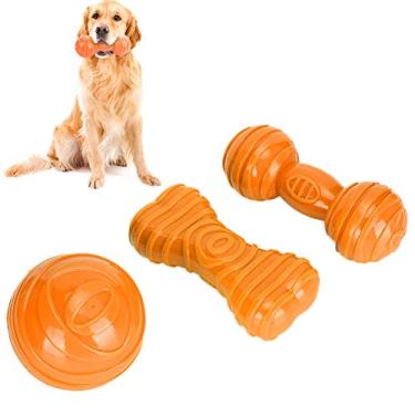 Imagem de 3 unidades de brinquedos para mastigar para cães, conjunto de brinquedos para mastigar dentição de filhotes de cachorro com bola, barra e osso, brinquedos interativos engraçados (Orange)