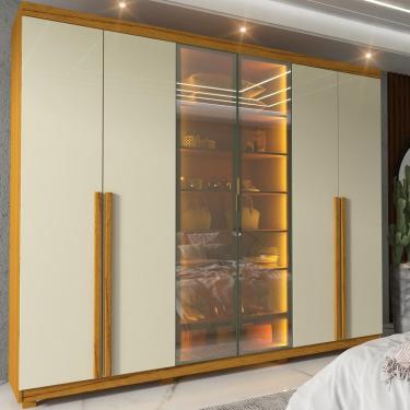 Imagem de Guarda Roupa Casal com Vidro Reflecta LED e Pés 6 Portas 100 MDF Imperatriz Gelius - Naturale/Off White