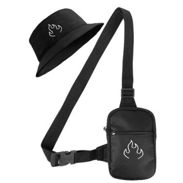 Imagem de Kit Chapeu Bucket Preto + Shoulder Bag Mini Bolsa Lateral Masculina Es