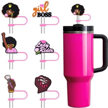 Imagem de Amreich Capa de canudo Black Girl para canudos de 1 cm, topos de palha rosa para copo neon Stanley, tampa de ponta de canudo de silicone, acessórios de palha de 10 mm