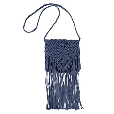 Imagem de Van Caro Bolsa de ombro feita à mão de palha de algodão com borlas de crochê para mulheres, 6985 Azul, One Size