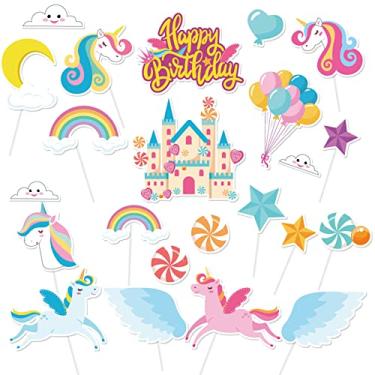 Imagem de DPKOW Topo de bolo de aniversário de unicórnio, 23 peças de decorações arco-íris, suprimentos de festa de 1º 2º aniversário para meninas