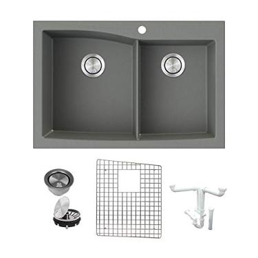 Imagem de Transolid K-GTDW3322-17 Genova SilQ Granito Dual-Mount Offset Double Bowl Kitchen, incluindo pia, grade, coador de triturador e kit de instalação, 84 cm C x 56 cm L x 25,4 cm A, cinza