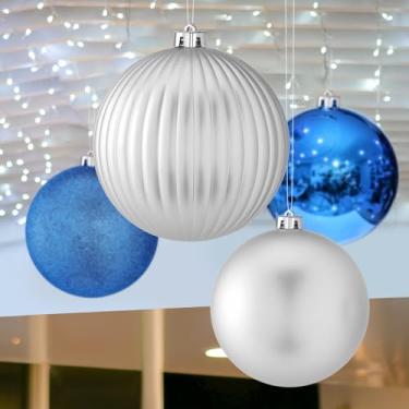 Imagem de Syhood Conjunto de 4 bolas grandes de enfeites de Natal de 15 cm, decoração de teto, árvore de Natal, à prova de estilhaçamento, grande, azul marinho e prata, com corda para pendurar, para festas de