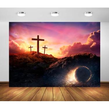 Imagem de BELECO Pano de fundo de tecido de 2,1 x 1,5 m para tumba de Páscoa, três cruzes e tumba vazia com crucificação ao nascer do sol, fundo da ressurreição de Jesus Cristo, crença religiosa, decoração de
