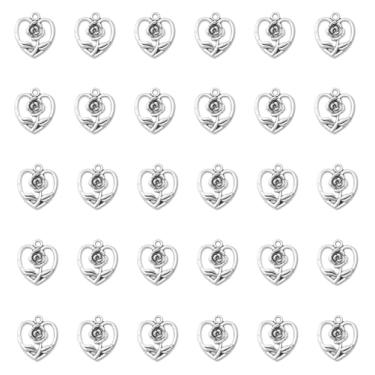 Imagem de Ruwado 30 berloques em forma de coração com rosa vazada pingentes de metal fofos de 1,8 x 1,6 cm para kits de fabricação de joias, descobertas, pulseiras, colar, chaveiro e brincos, Small, Metal, não
