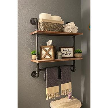 Imagem de SSS Furniture Industrial Pipe Shelving Bathroom Floating Shelves Wall Mounted, 2 Tier 24 inch Rustic Wood Shelf with Towel Bar, Farmhouse Towel Rack Bathroom Shelf Over Toilet