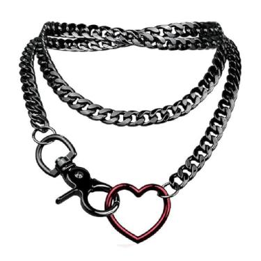 Imagem de GIGB PBDK Colar de corrente de coração grosso para mulheres, pingente de amor vermelho preto ajustável com elos cubanos, gargantilha lariat em camadas, gótico punk, joias para presentes, Large, Liga