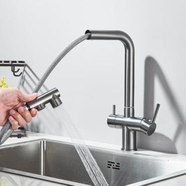 Imagem de Torneira de cozinha retrátil com filtro, torneira purificadora de latão preto, rotação de 360 graus, torneira de água potável, misturador de pia, pistola cinza