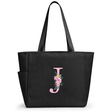 Imagem de KALIDI Sacola de praia personalizada, bolsa de compras com zíper inicial do alfabeto para mãe, professora, amiga, casamento, compras diárias, Preto - j, Large