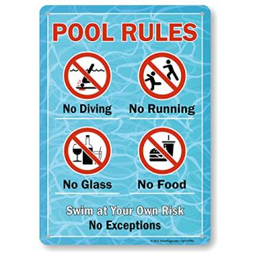 Imagem de SmartSign Placa de metal "Pool Rules - No Diving, No Peeing, Swim At Your Own Risk" de 35,5 x 25,4 cm, impressa em tela, alumínio laminado à prova de ferrugem de 40 mm, multicolorido, feito nos EUA