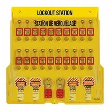 Imagem de Master Lock 1484BP410FRC 55,88 cm de altura x 55,88 cm de largura x 3,5 cm de profundidade, estação de bloqueio francês/inglês, 20 cadeados com capa, vinte cadeados Xenoy vermelhos 410